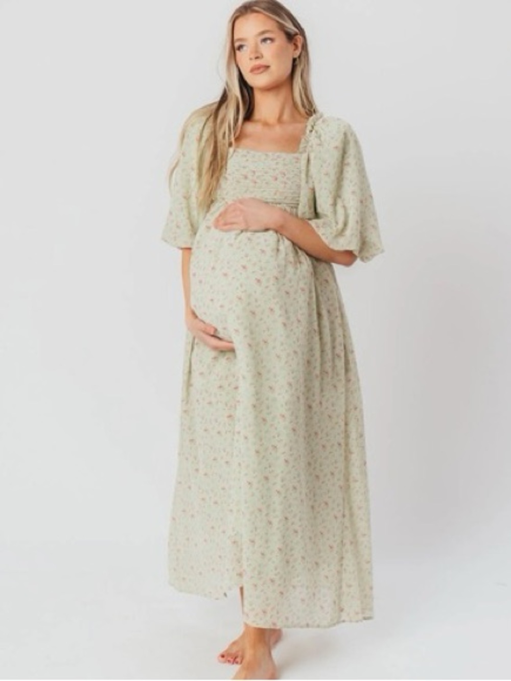 Worth Collective Melody Maxi Dress Pleats Bow Detail Bump Friendly Mint Floral